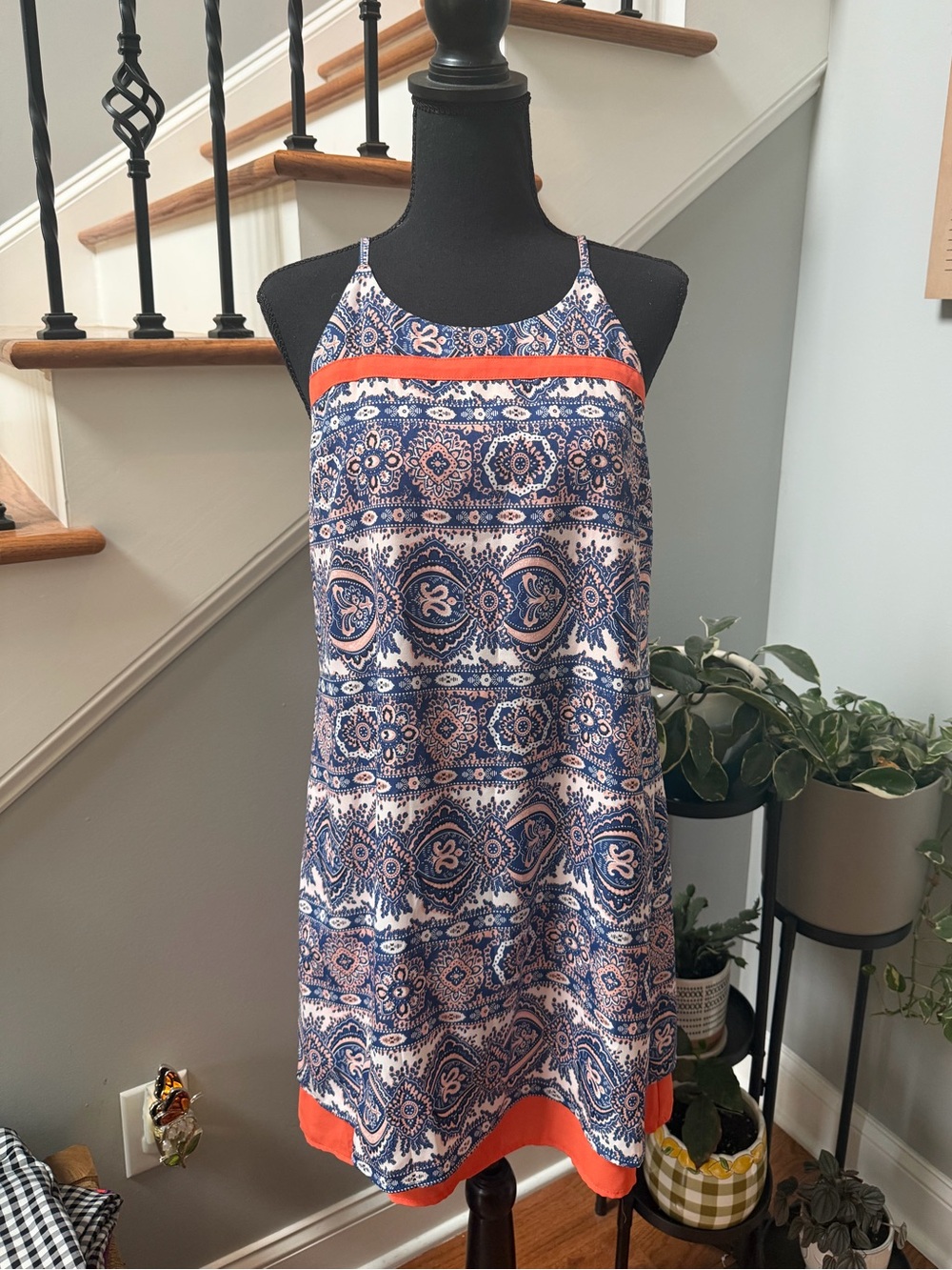 Boutique Navy & Coral Printed Spaghetti Strap Sundress